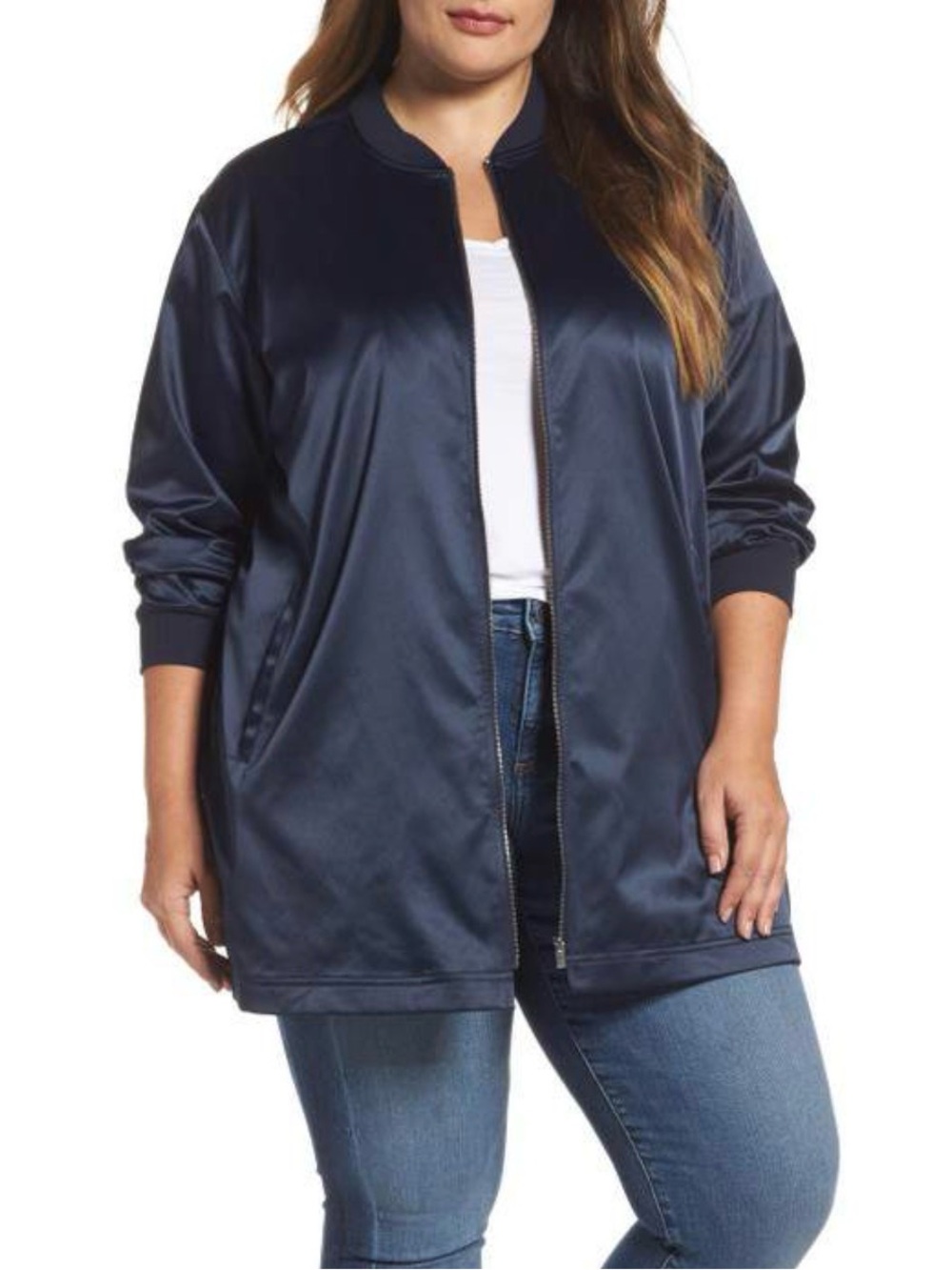 Two by Vince Camuto Long Satin Jersey Lined Bomber Jacket Blue Zip Women’s M
